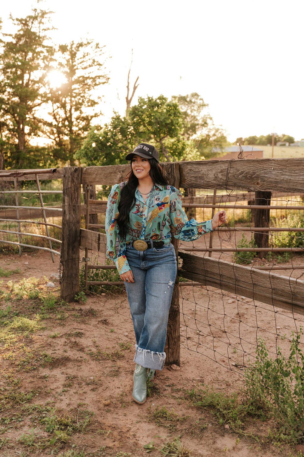 TURQUOISE COWGIRL COLLAGE BLOUSE