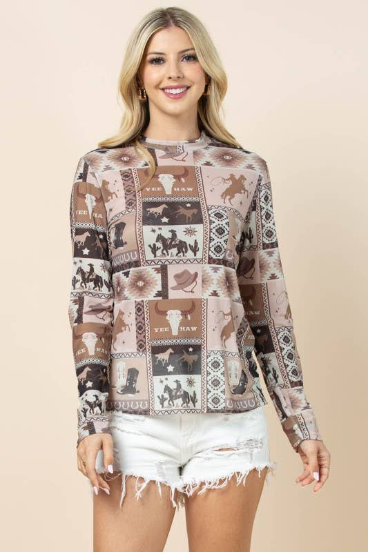 WESTERN PRINT SEMI SHEER LONG SLEEVE MESH TOP