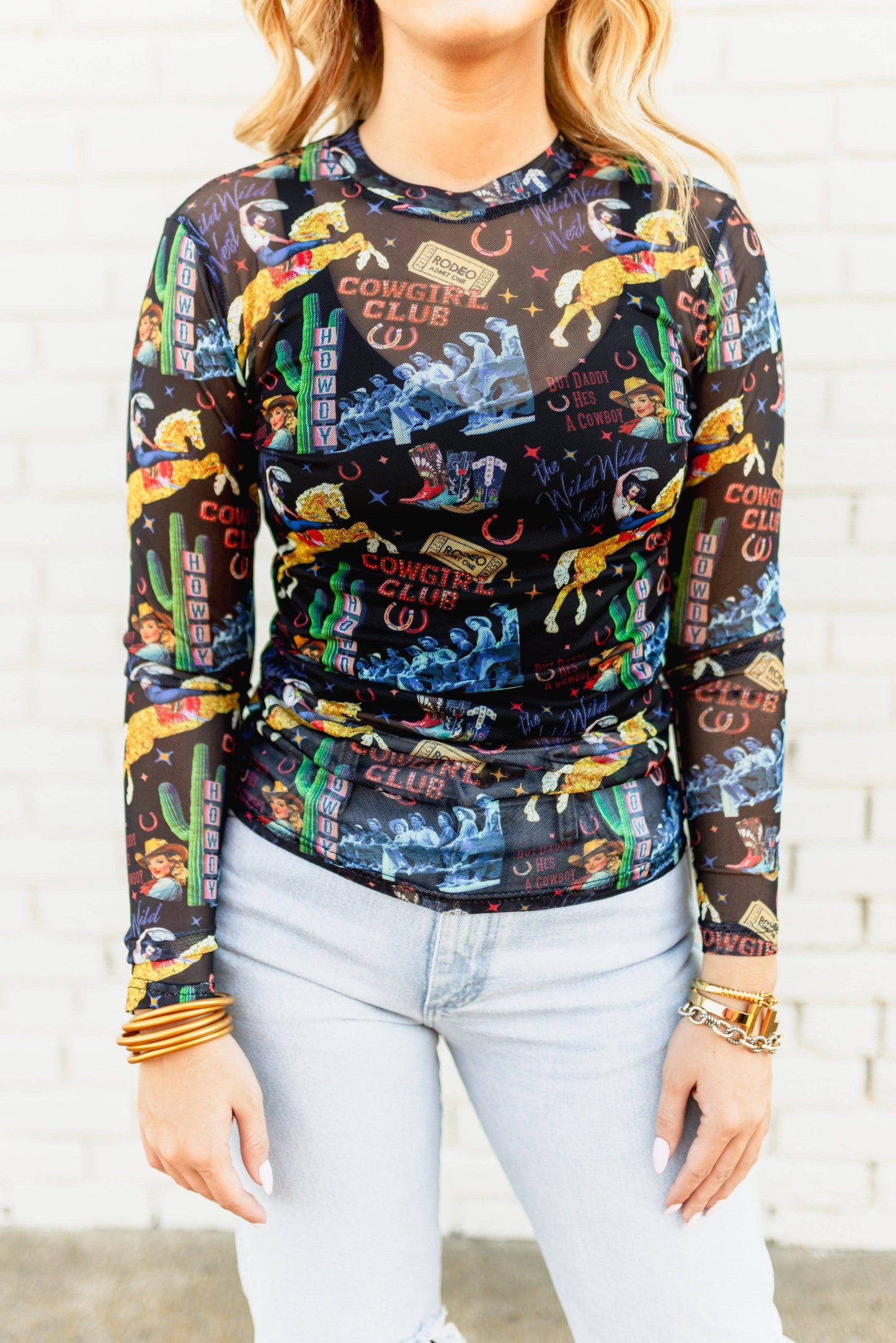 BLACK COWGIRL COLLAGE MESH TOP