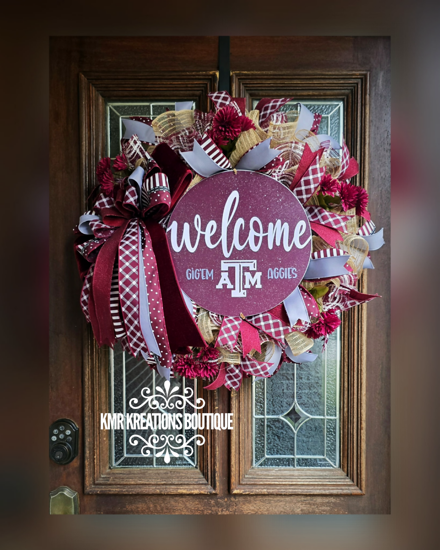 Welcome Maroon & White Wreath – Game Day Spirit Door Decor