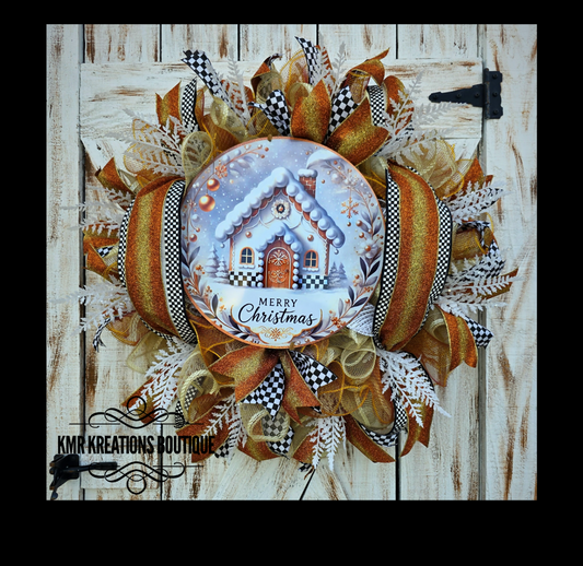 ? Merry Christmas Gingerbread Cottage Wreath – Elegant Holiday Front Door Décor
