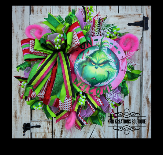 ? Whimsical Green Christmas Character Wreath – “Welcome (Sort Of)” Holiday Door Décor