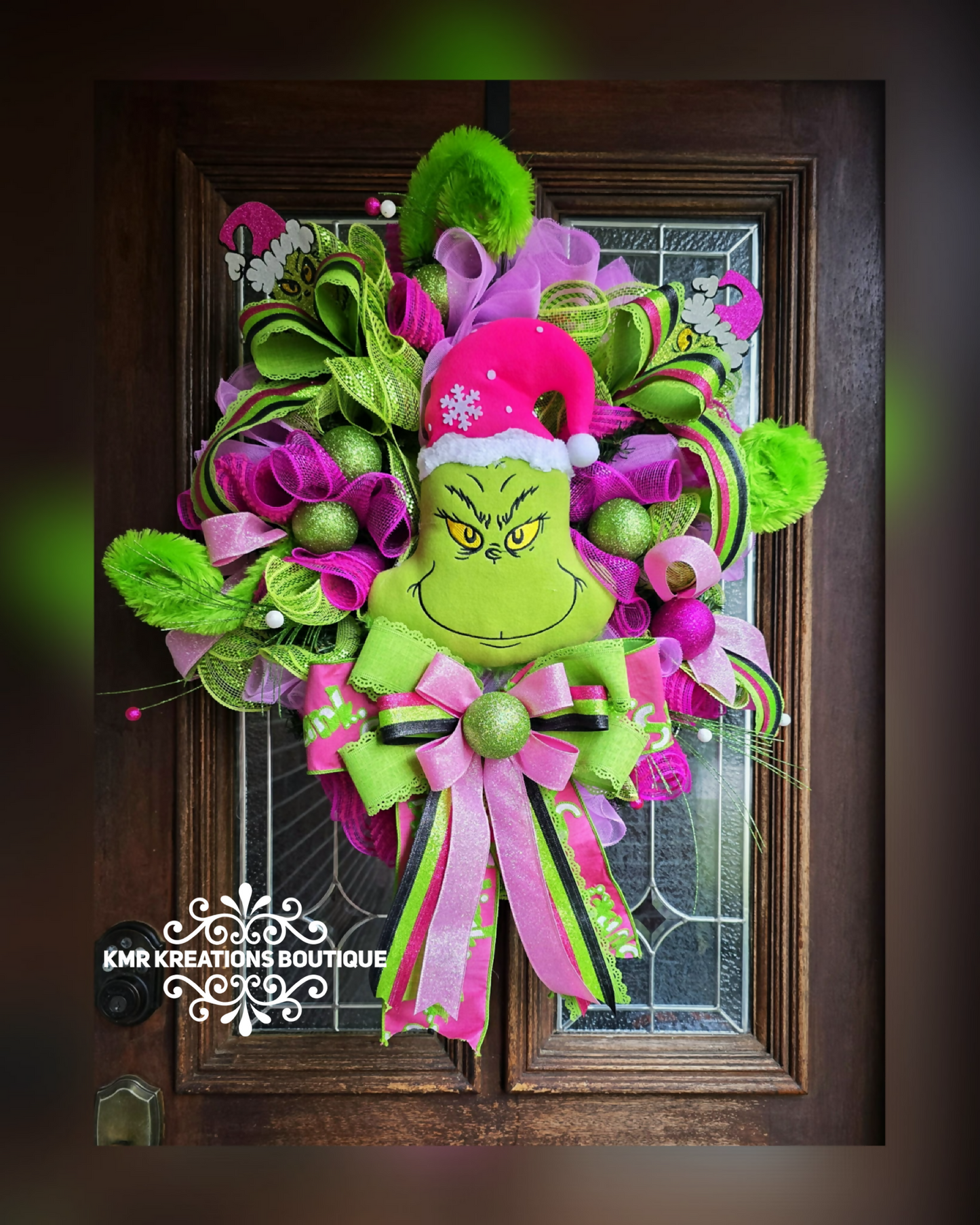 Whimsical Christmas Wreath – Bright Green & Pink Holiday Door Decor