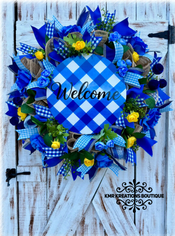 Blue Gingham “Welcome” Everyday Wreath