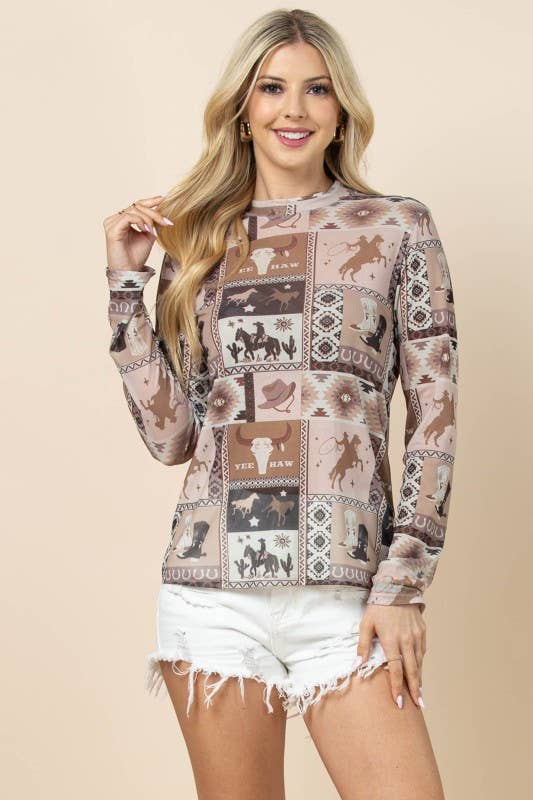 WESTERN PRINT SEMI SHEER LONG SLEEVE MESH TOP