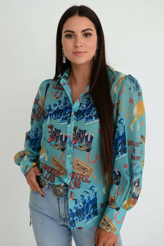 TURQUOISE COWGIRL COLLAGE BLOUSE