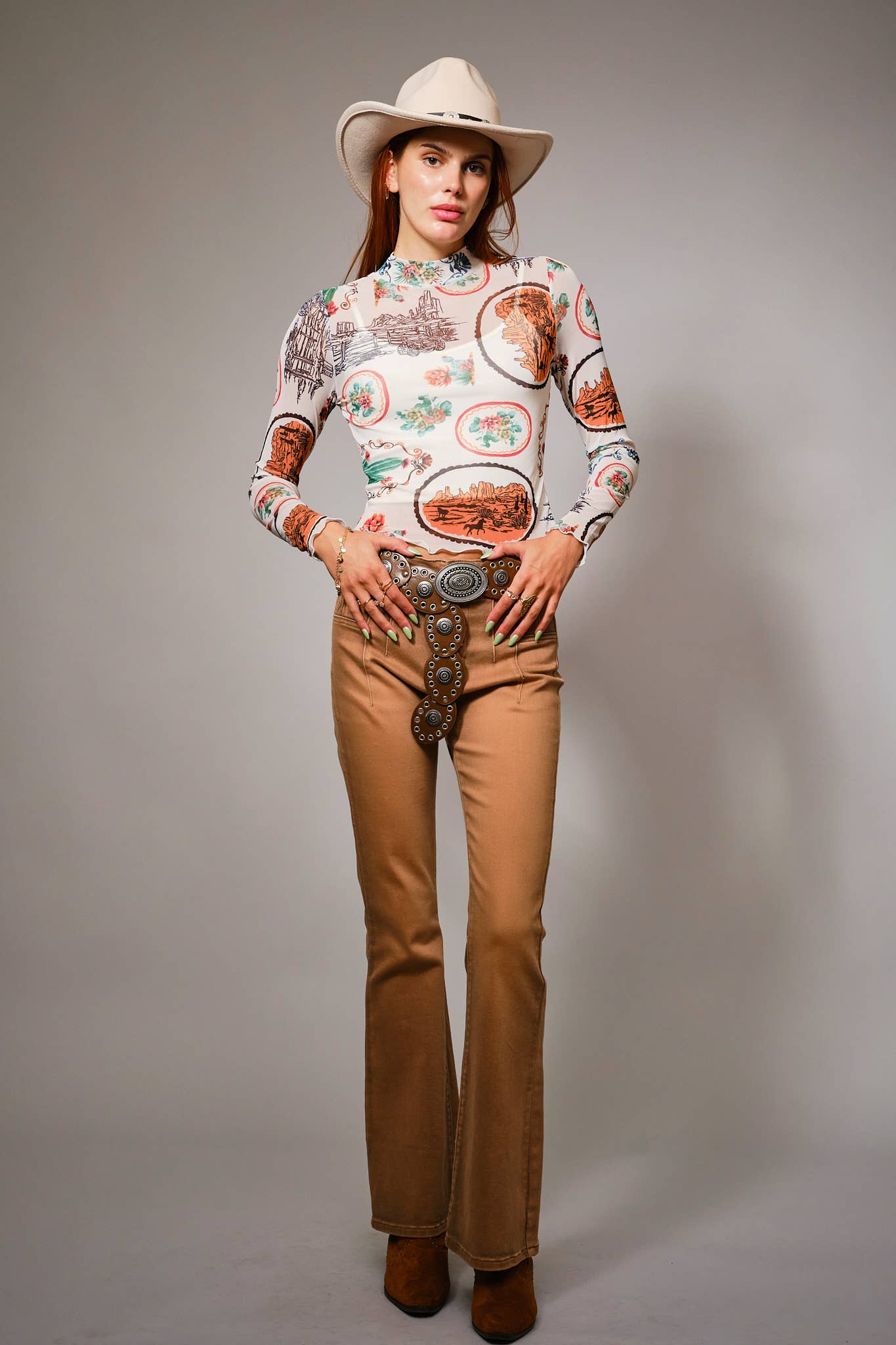 Western Motif Mesh Mock Neck Top