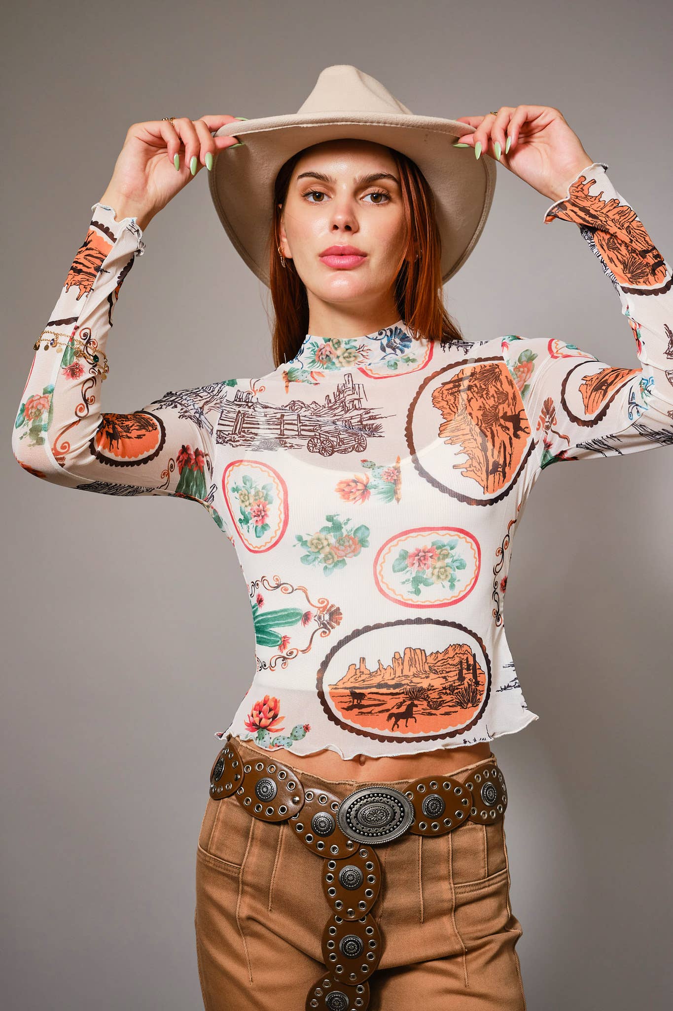 Western Motif Mesh Mock Neck Top