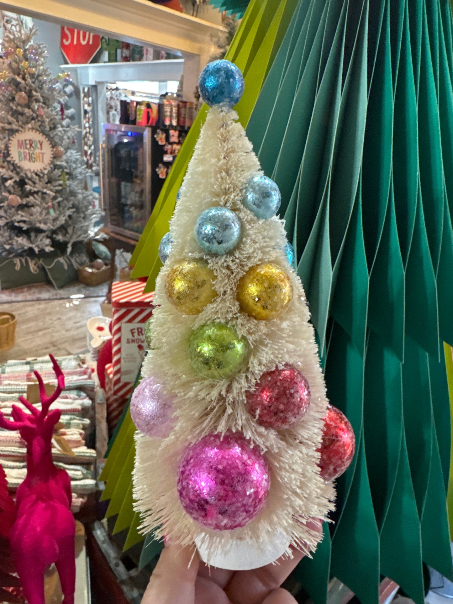 Sisal Bottle Brush Trees w Bright Ornaments w/ Wood Bases - Medium