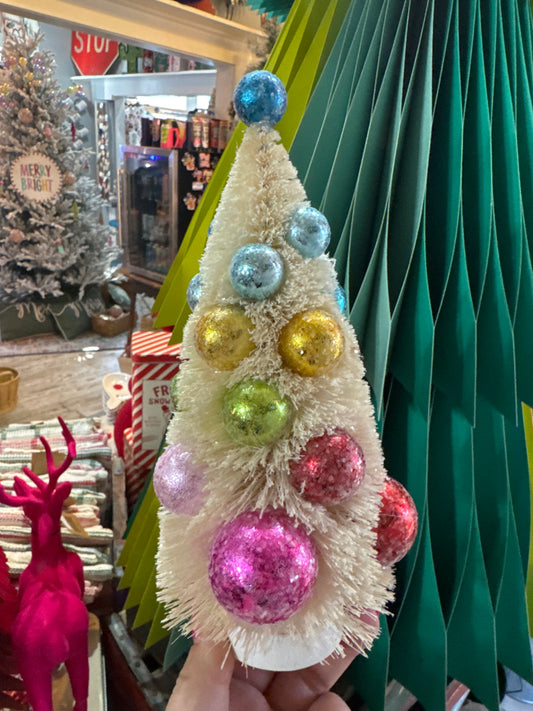 Sisal Bottle Brush Trees w Bright Ornaments w/ Wood Bases - Large