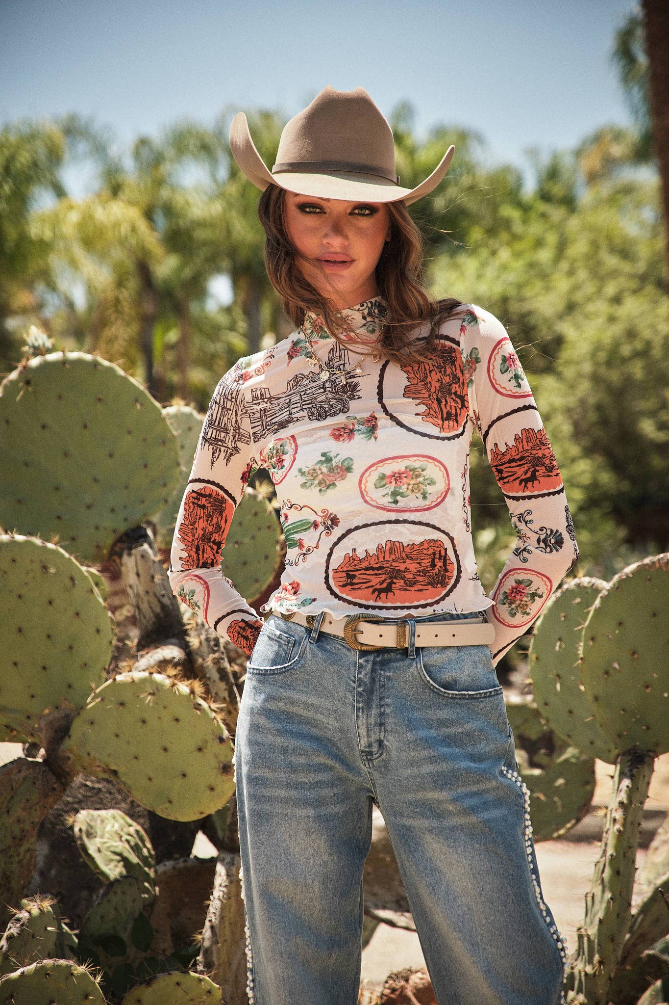 Western Motif Mesh Mock Neck Top