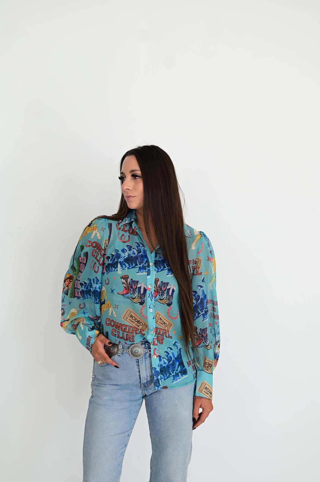 TURQUOISE COWGIRL COLLAGE BLOUSE