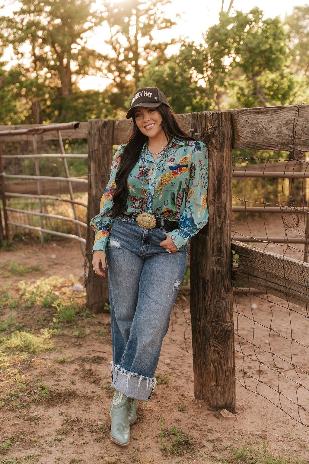 TURQUOISE COWGIRL COLLAGE BLOUSE