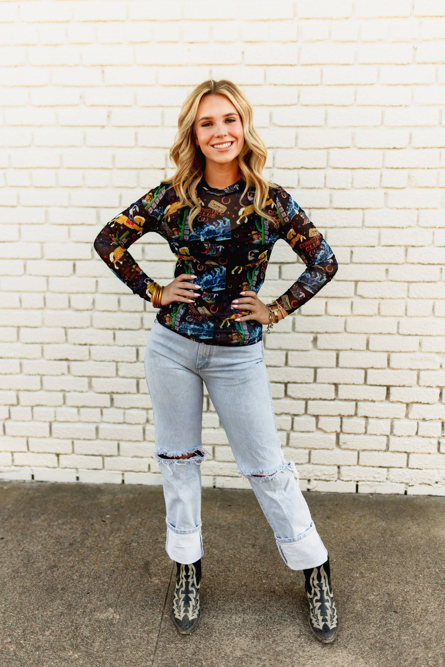 BLACK COWGIRL COLLAGE  MESH TOP