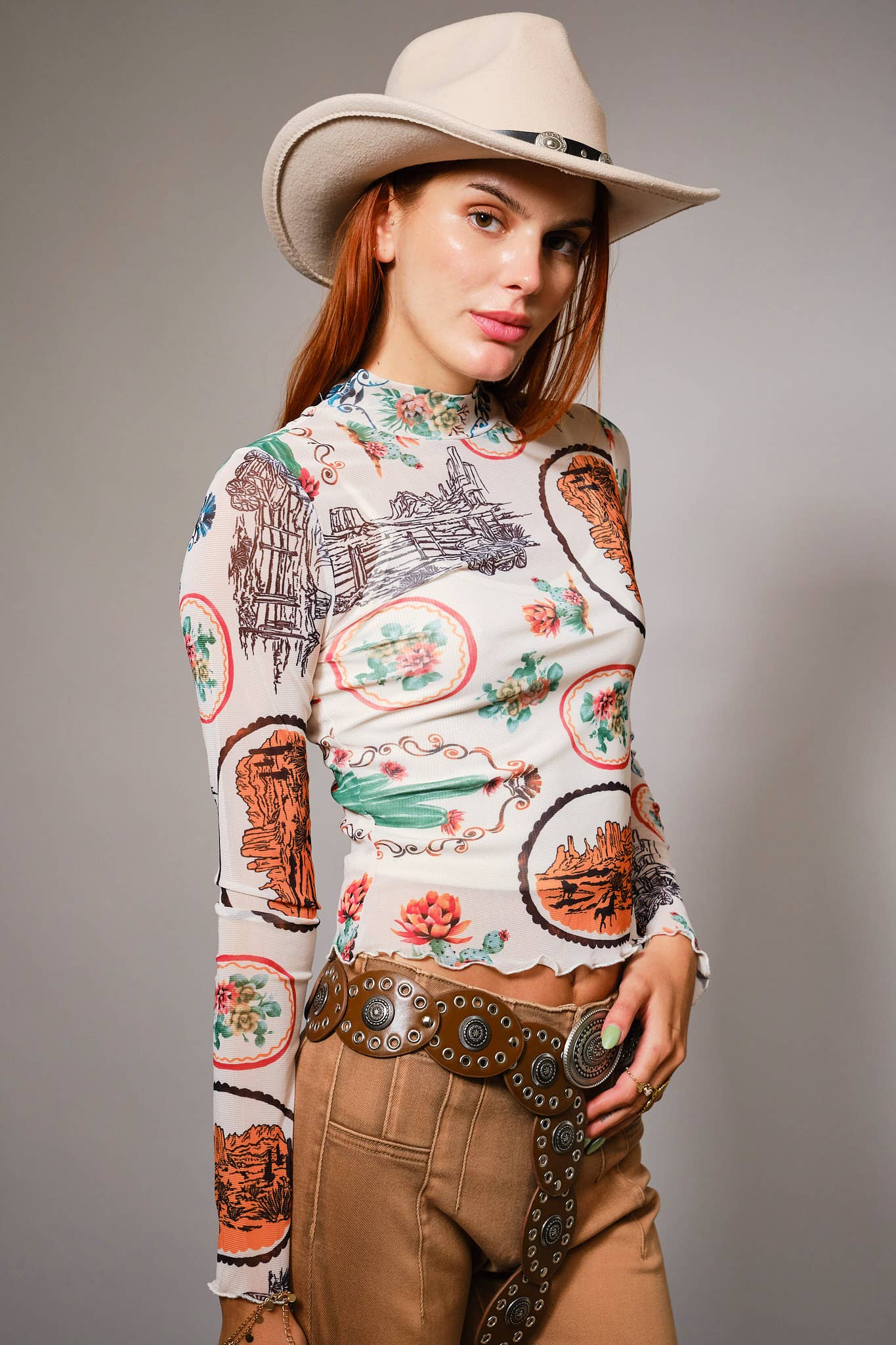 Western Motif Mesh Mock Neck Top