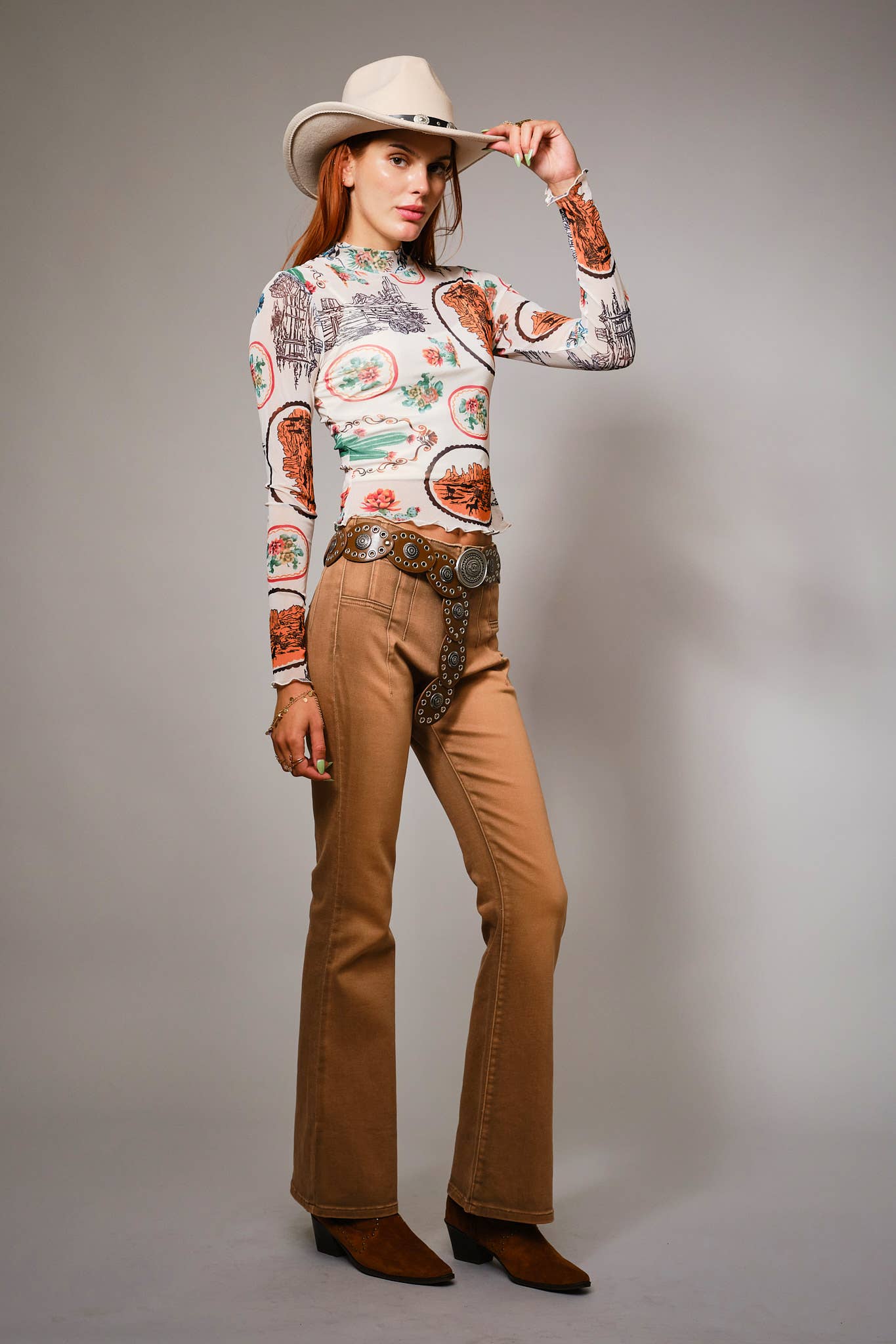 Western Motif Mesh Mock Neck Top