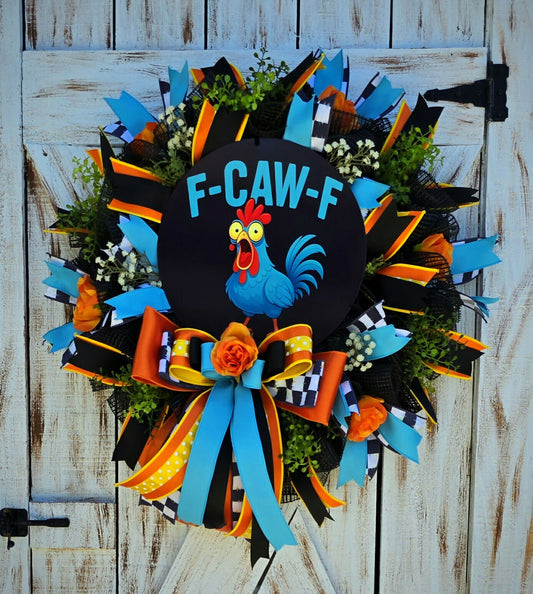 Funny Chicken Door Wreath | Farmhouse Humor Decor | F-Caw-F Chicken Wreath | Whimsical Farmhouse Door Decor