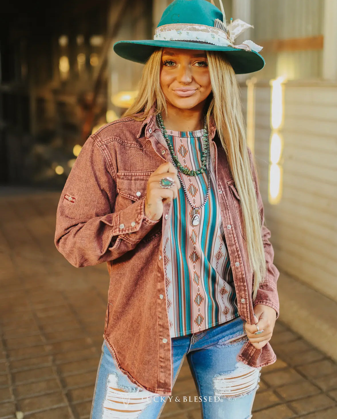 Burgundy Denim Pearl Snap
