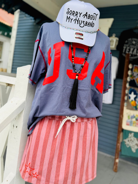Denim Stretch Skirt - Red Stripes