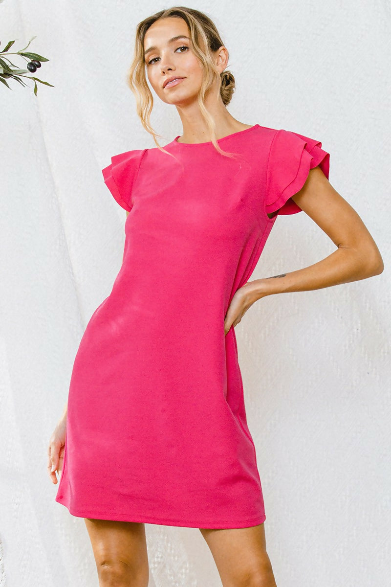 Womens Hot Pink Ruffle Sleeve Dress