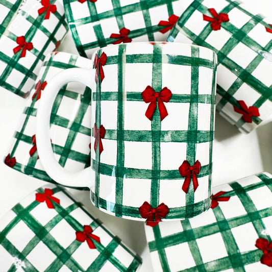 Christmas Plaid Bows Ceramic Coffee Mug, Christmas Mugs