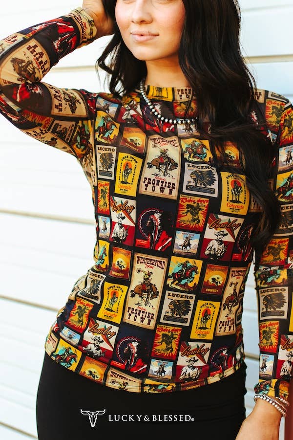 Collage Western Long Sleeve Mesh Top