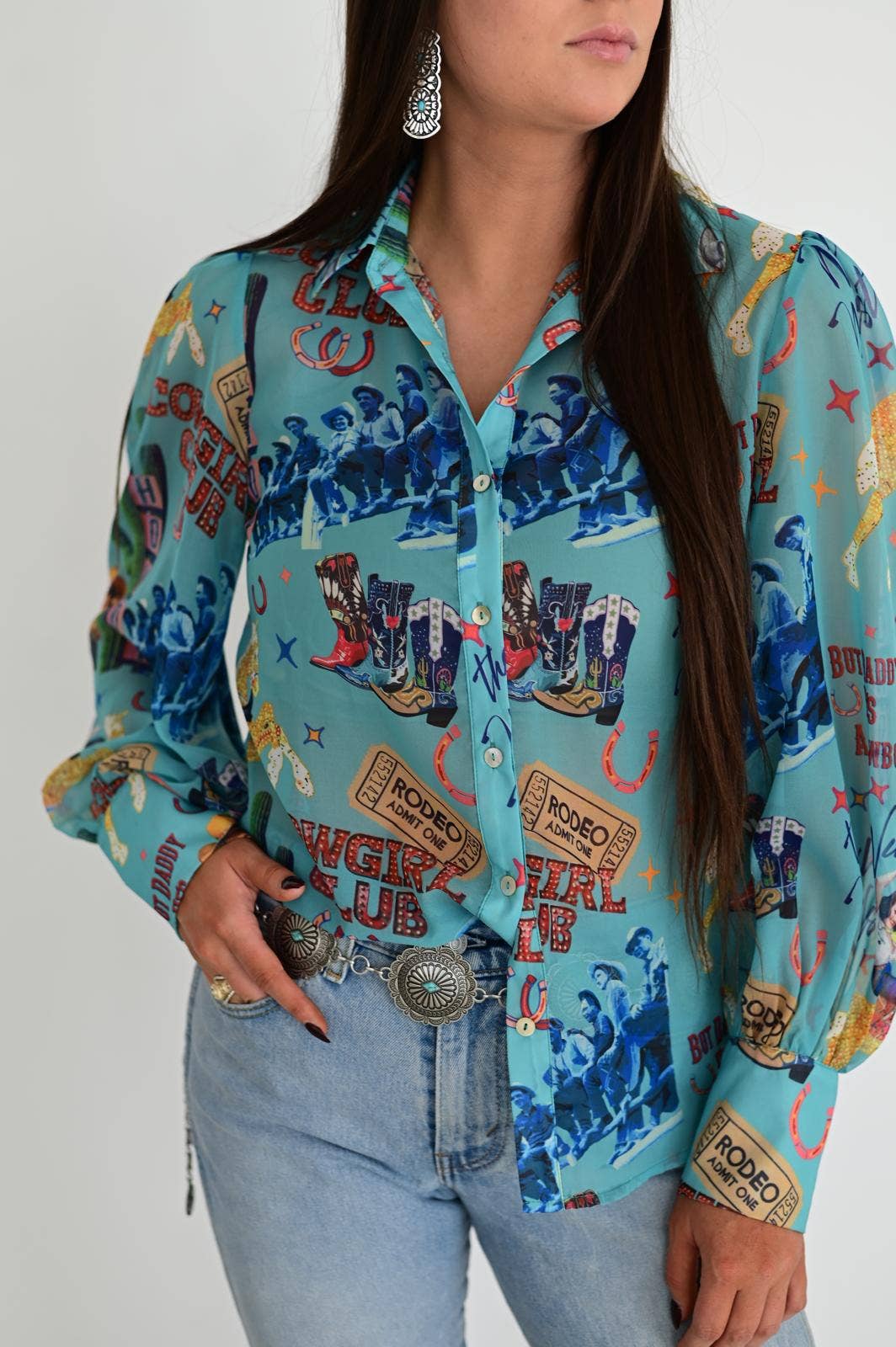 TURQUOISE COWGIRL COLLAGE BLOUSE