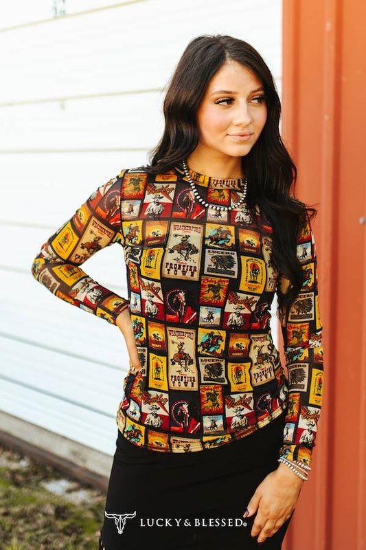 Collage Western Long Sleeve Mesh Top
