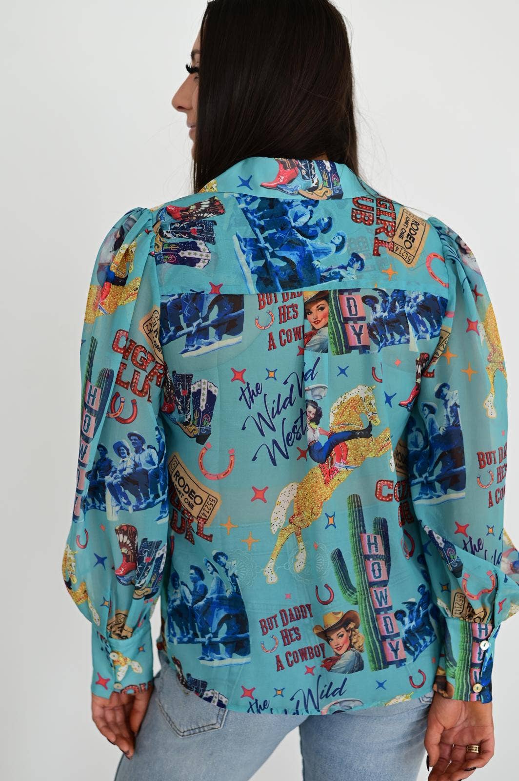 TURQUOISE COWGIRL COLLAGE BLOUSE