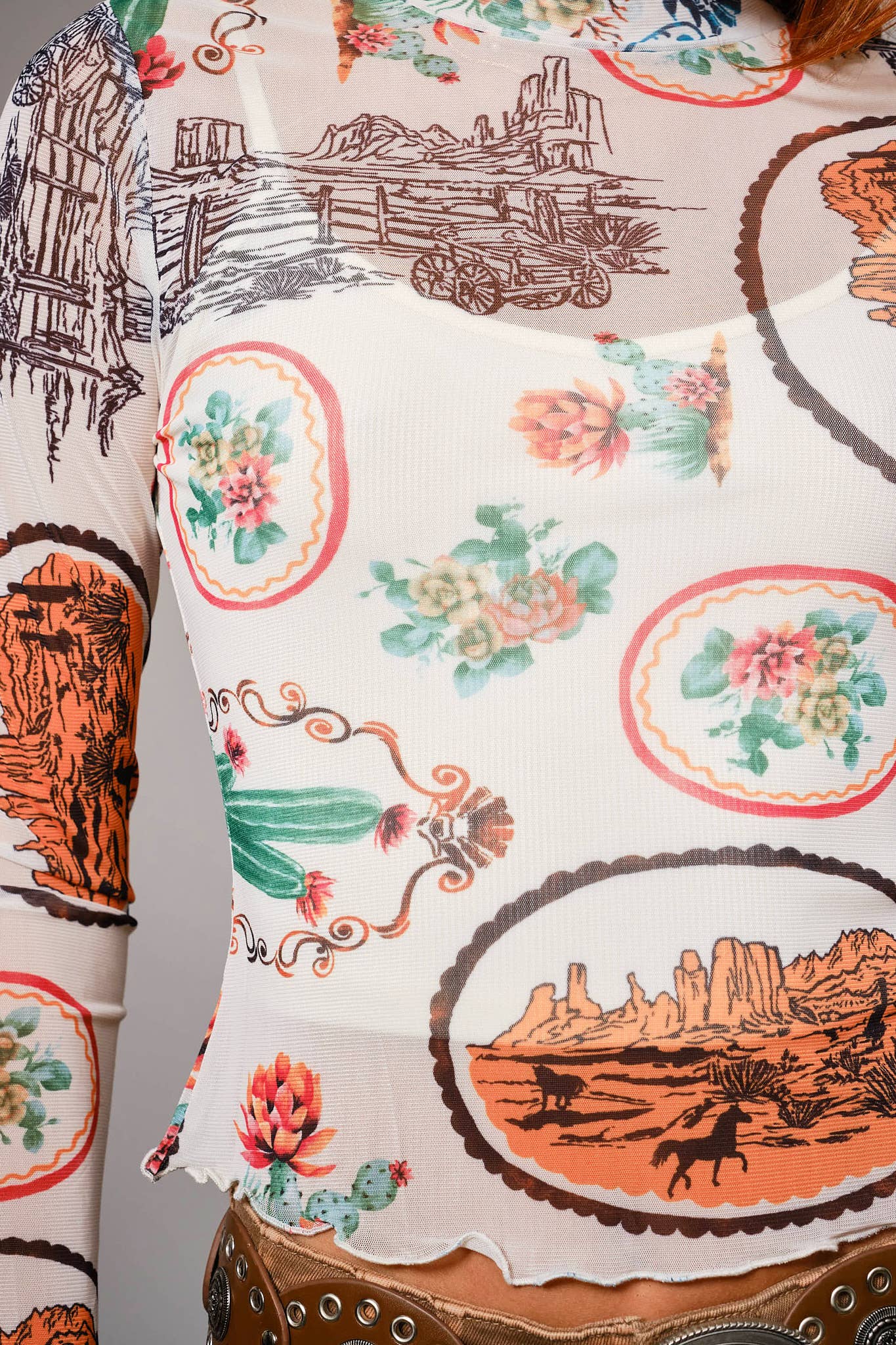 Western Motif Mesh Mock Neck Top