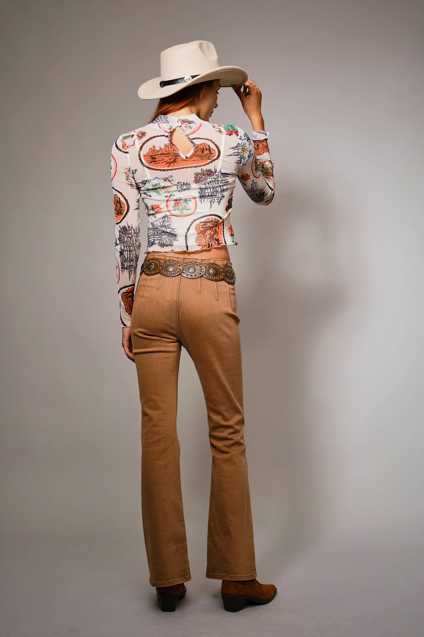 Western Motif Mesh Mock Neck Top