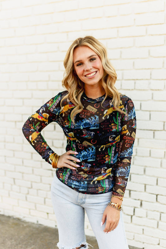 BLACK COWGIRL COLLAGE  MESH TOP