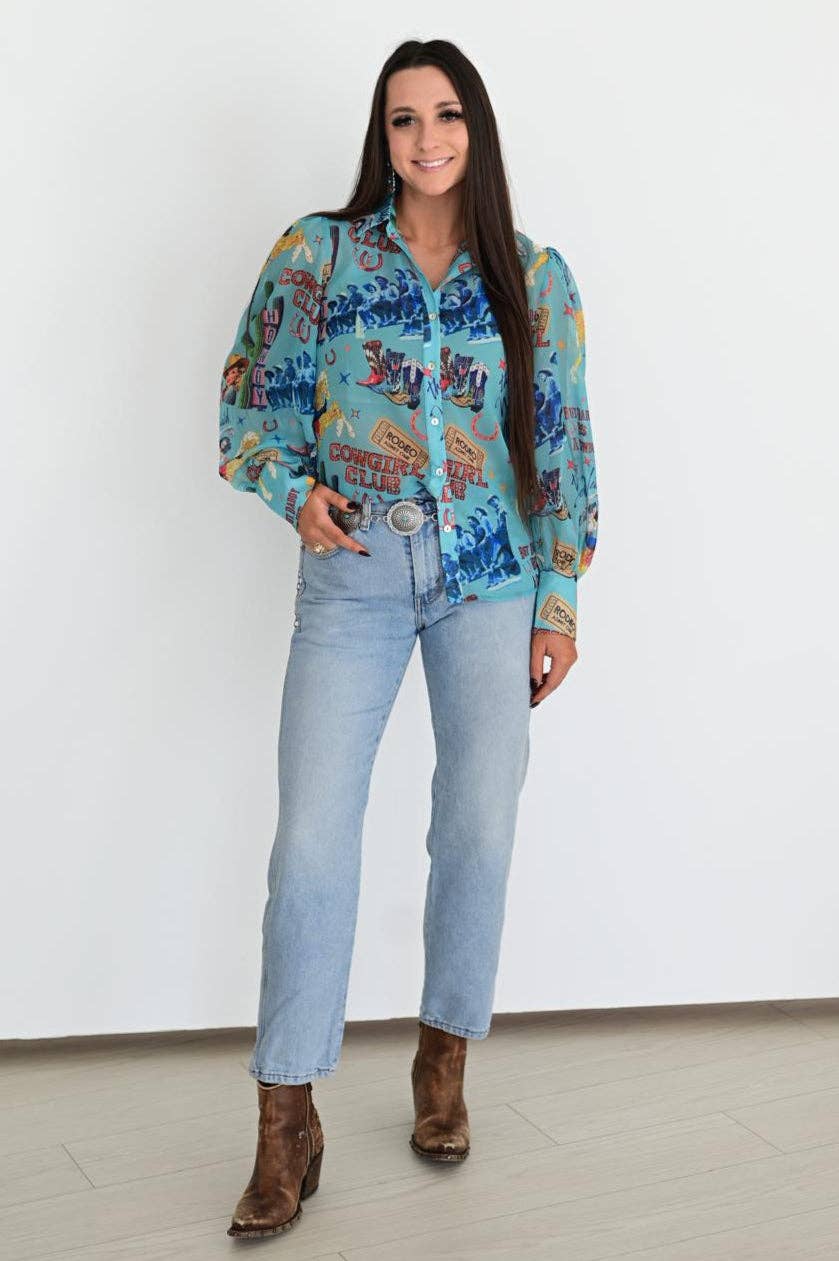 TURQUOISE COWGIRL COLLAGE BLOUSE