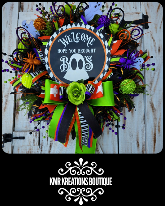Welcome, Hope You Brought Boo’s” Halloween Wreath | Spooky Door Décor