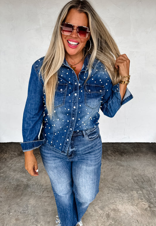 Dolly Denim Pearl Long Sleeve Top