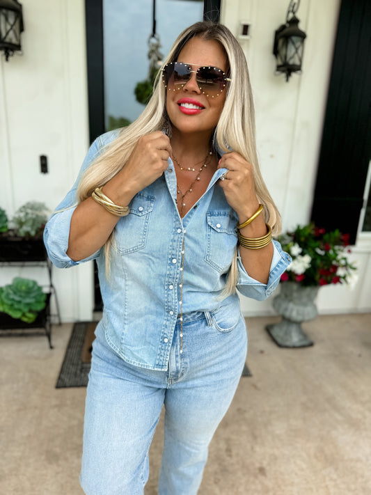 Dolly Denim Solid Long Sleeve Top