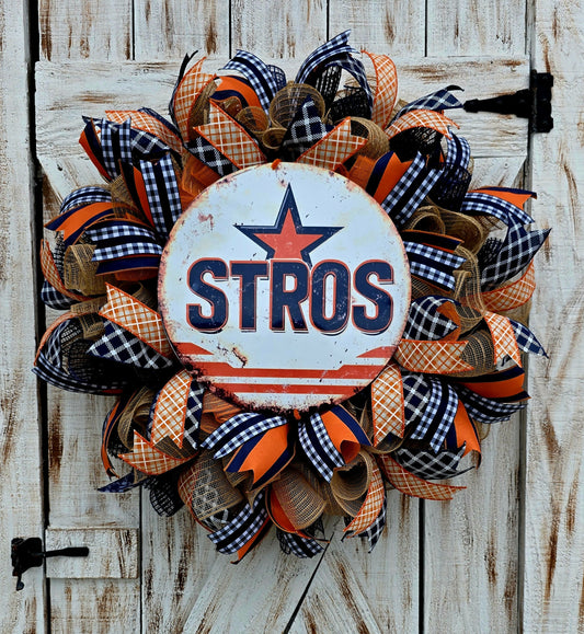 Houston Astros Inspired Door Wreath | Houston Baseball Front Door Decor | Game Day Sports Wreath