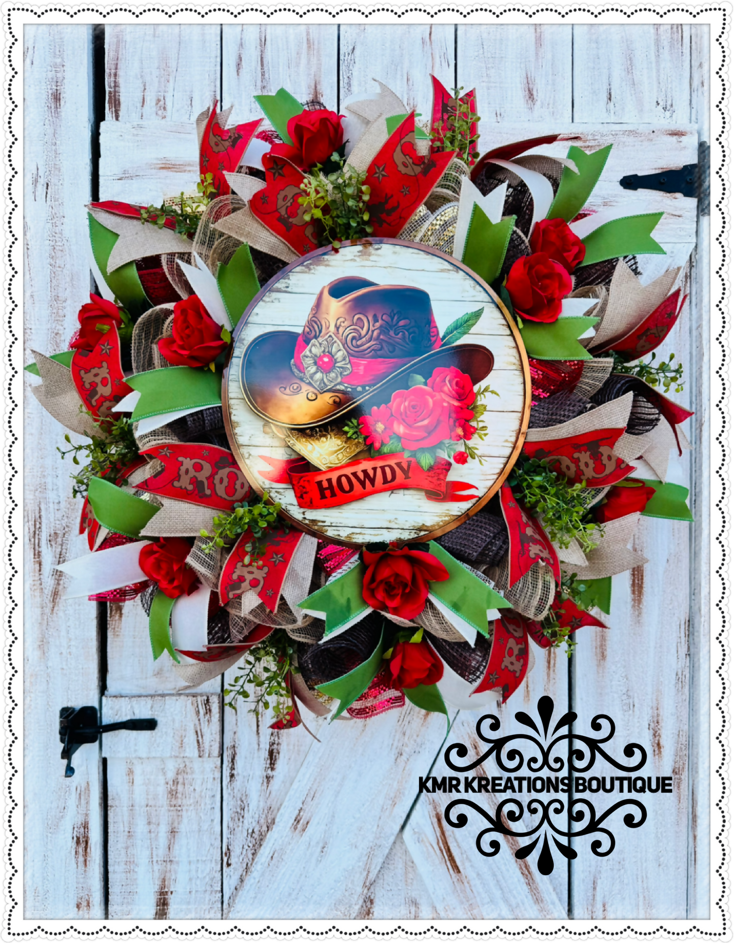 🤠 Howdy Western Cowboy Hat Wreath – Red Rose Rustic Door Decor