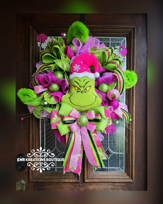 Whimsical Christmas Wreath – Bright Green & Pink Holiday Door Decor