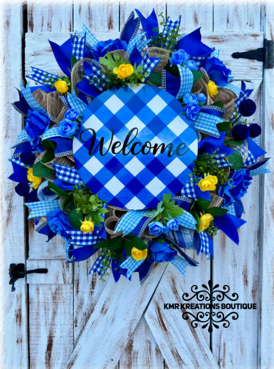 Blue Gingham “Welcome” Everyday Wreath